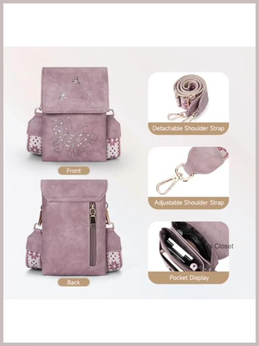 Vegan Leather Mini Crossbody Bag with Triple Pockets for Phones Up to 6.7